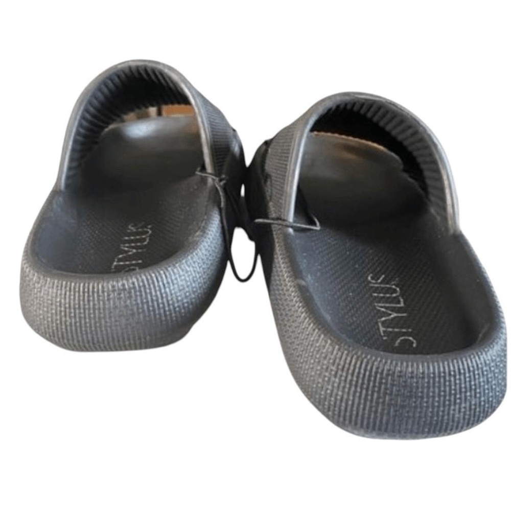 NWT STYLUS Womens 7 M Black Slides Sandals Textured Strap Contoured Footbed - Picture 5 of 7